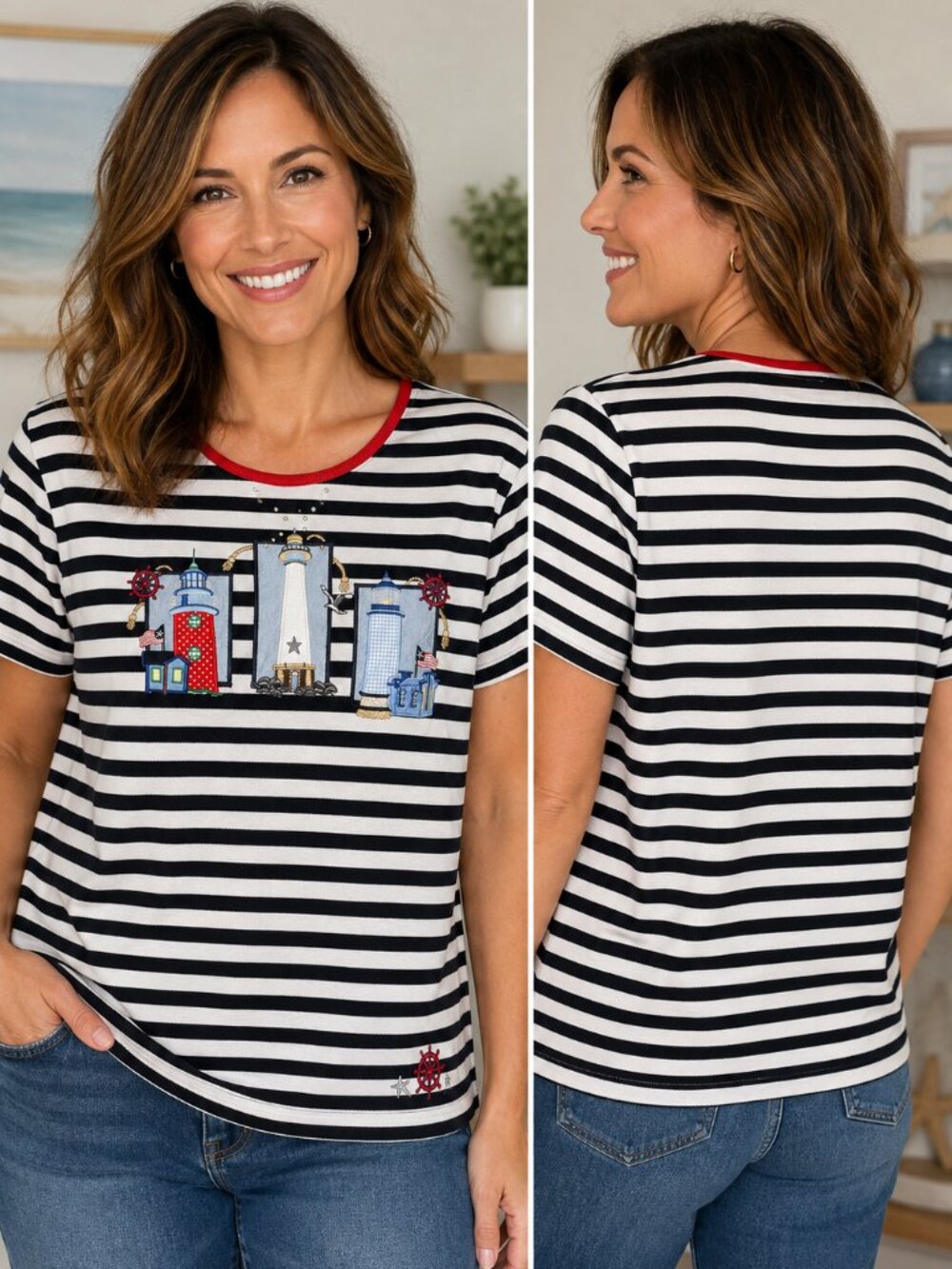 Vintage Karen Scott Sport XL Lighthouse Nautical Striped Coastal Top